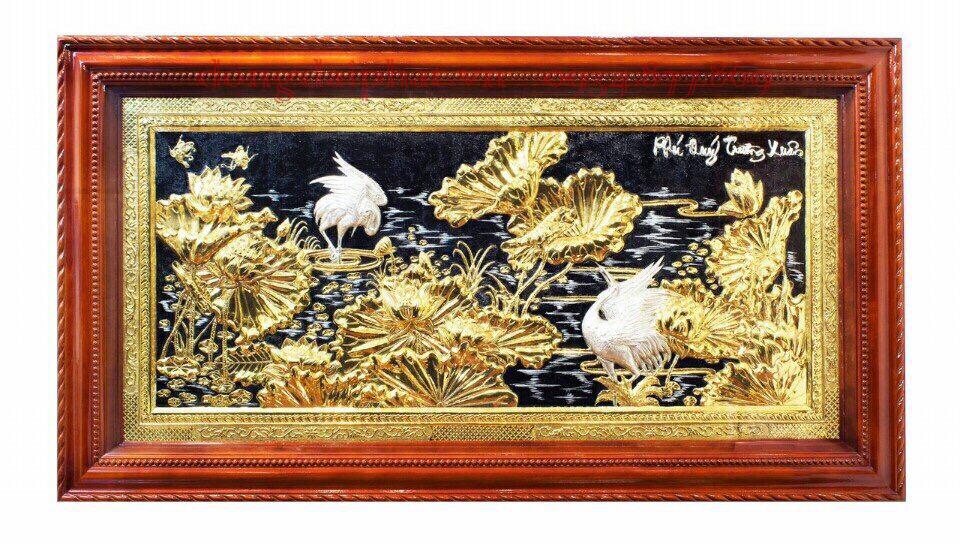 tranh mạ vàng sen hạc